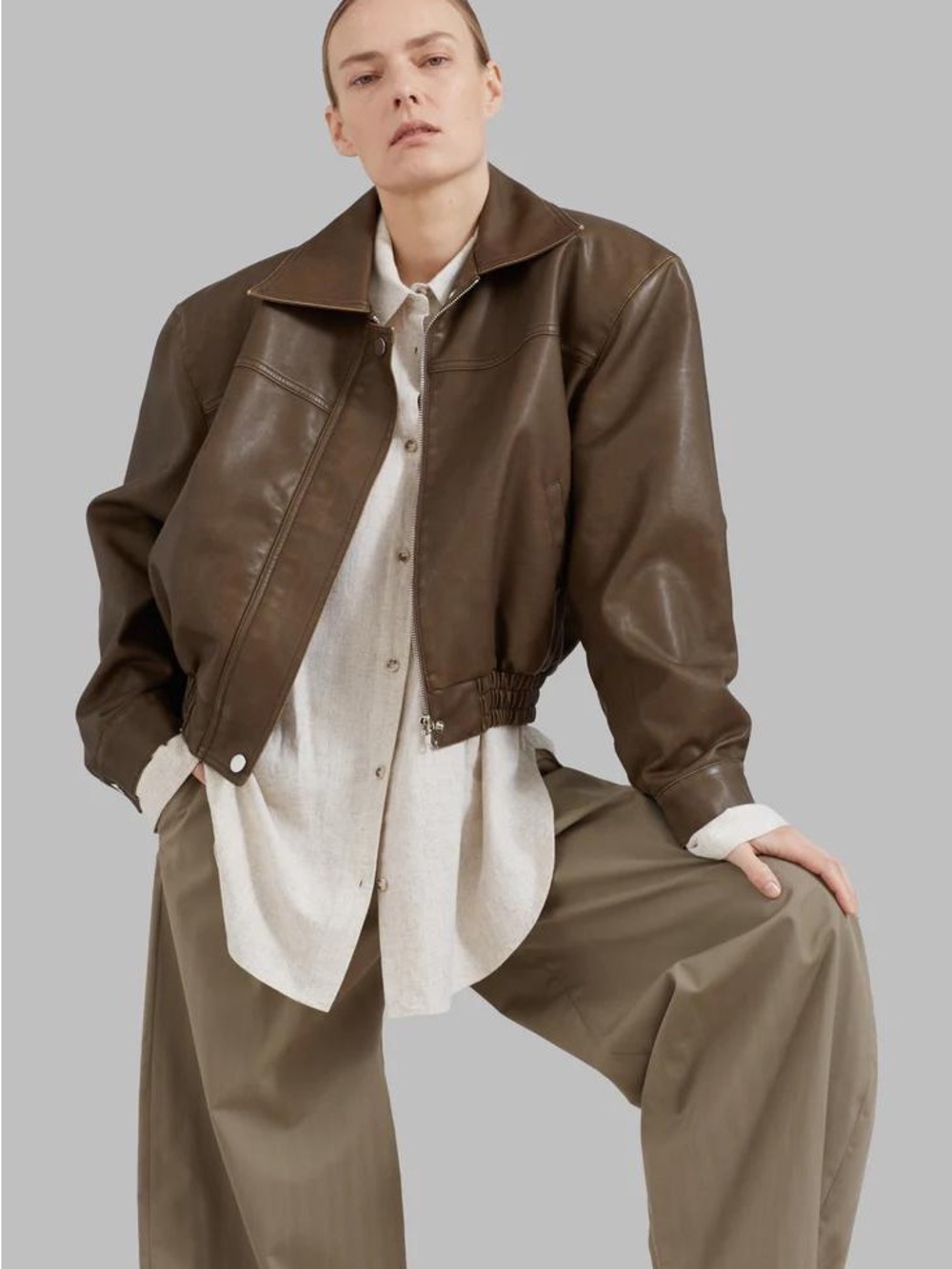 The Frankie Shop Brown Leather Bomber Jacket